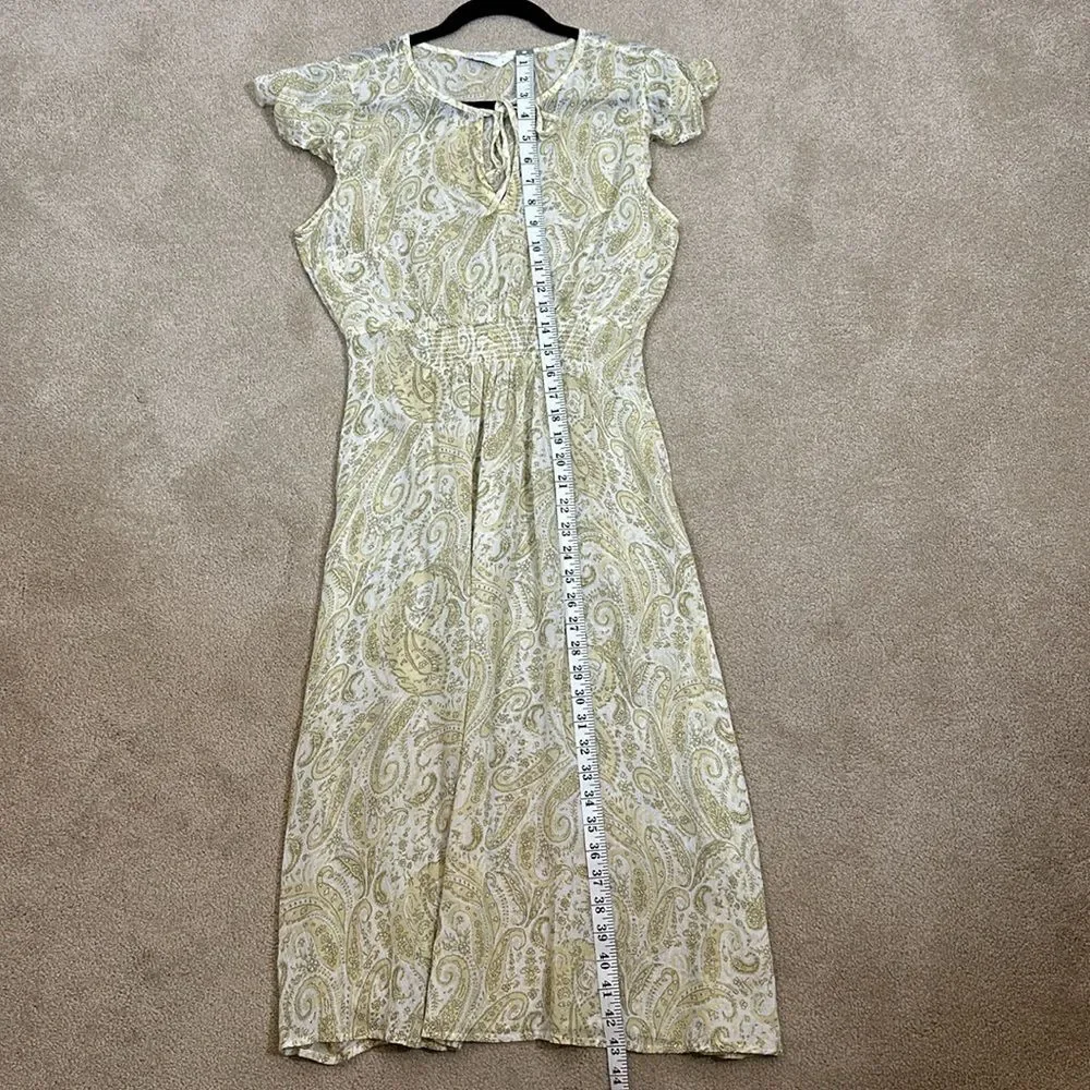 Lucky Brand Sheer Midi Boho Shortsleeve Yellow Keyhole Dress Women Medium